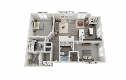 Floor plan for 2 beds, 2 baths, 1208 sqft